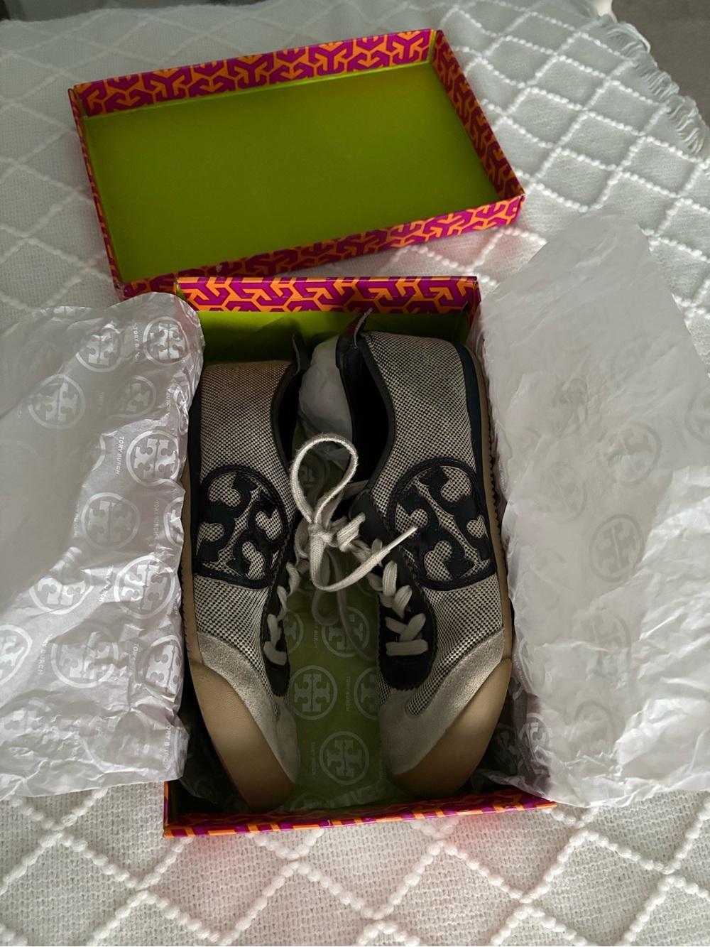 Tory Burch Murphey Logo Sneakers - navy and white canvas and suede - Picture 8 of 8